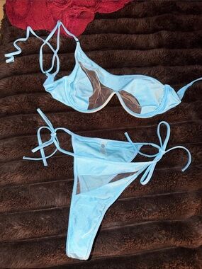 God Save Queens Light Blue Mesh Accent Tie-Side Bikini
